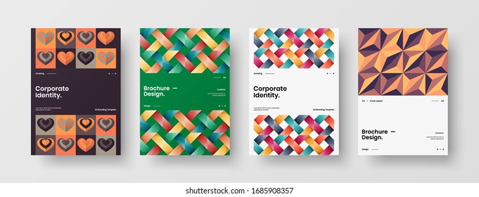 Business presentation vector A4 vertical orientation front page mock up set. Corporate report cover abstract geometric illustration design layout bundle. Company identity brochure template collection.