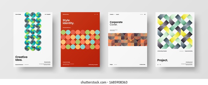 Business presentation vector A4 vertical orientation front page mock up set. Corporate report cover abstract geometric illustration design layout bundle. Company identity brochure template collection.