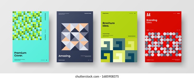 Business presentation vector A4 vertical orientation front page mock up set. Corporate report cover abstract geometric illustration design layout bundle. Company identity brochure template collection.