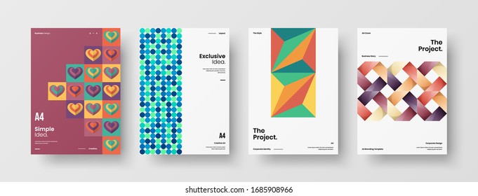 Business presentation vector A4 vertical orientation front page mock up set. Corporate report cover abstract geometric illustration design layout bundle. Company identity brochure template collection.