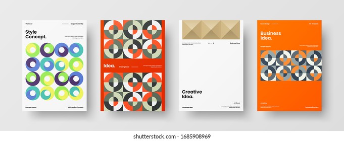 Business presentation vector A4 vertical orientation front page mock up set. Corporate report cover abstract geometric illustration design layout bundle. Company identity brochure template collection.