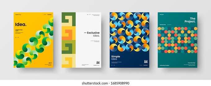 Diseño de presentación de negocio vectorial orientación vertical primera página maqueta conjunto. El informe corporativo cubre el paquete de diseño de ilustración geométrica abstracta. Colección de plantillas de folleto de identidad de la empresa.
