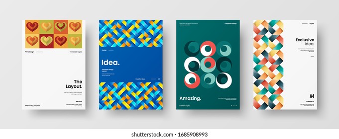 Business presentation vector A4 vertical orientation front page mock up set. Corporate report cover abstract geometric illustration design layout bundle. Company identity brochure template collection.