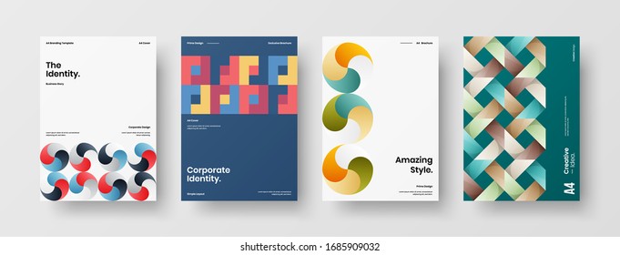 Business presentation vector A4 vertical orientation front page mock up set. Corporate report cover abstract geometric illustration design layout bundle. Company identity brochure template collection.