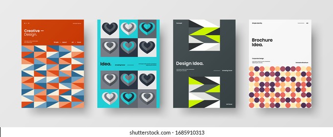 Business presentation vector A4 vertical orientation front page mock up set. Corporate report cover abstract geometric illustration design layout bundle. Company identity brochure template collection.