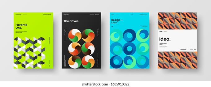 Business presentation vector A4 vertical orientation front page mock up set. Corporate report cover abstract geometric illustration design layout bundle. Company identity brochure template collection.