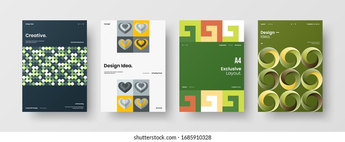 Business presentation vector A4 vertical orientation front page mock up set. Corporate report cover abstract geometric illustration design layout bundle. Company identity brochure template collection.
