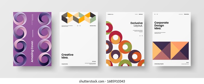 Business presentation vector A4 vertical orientation front page mock up set. Corporate report cover abstract geometric illustration design layout bundle. Company identity brochure template collection.
