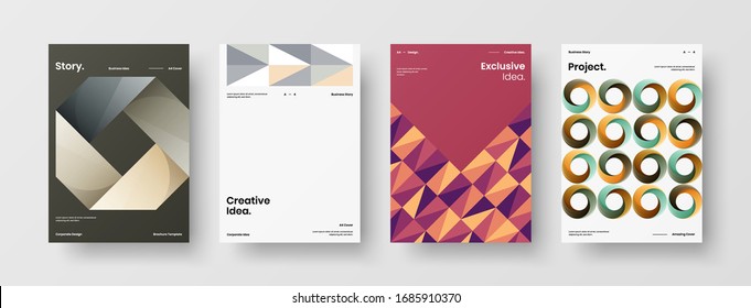 Business presentation vector A4 vertical orientation front page mock up set. Corporate report cover abstract geometric illustration design layout bundle. Company identity brochure template collection.