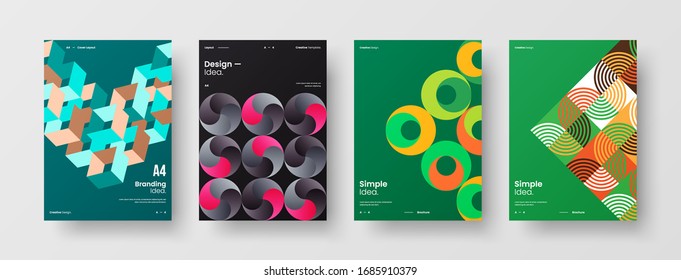 Business presentation vector A4 vertical orientation front page mock up set. Corporate report cover abstract geometric illustration design layout bundle. Company identity brochure template collection.