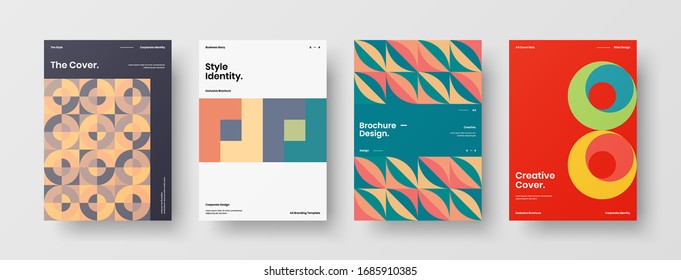 Business presentation vector A4 vertical orientation front page mock up set. Corporate report cover abstract geometric illustration design layout bundle. Company identity brochure template collection.