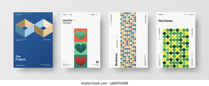 Business presentation vector A4 vertical orientation front page mock up set. Corporate report cover abstract geometric illustration design layout bundle. Company identity brochure template collection.