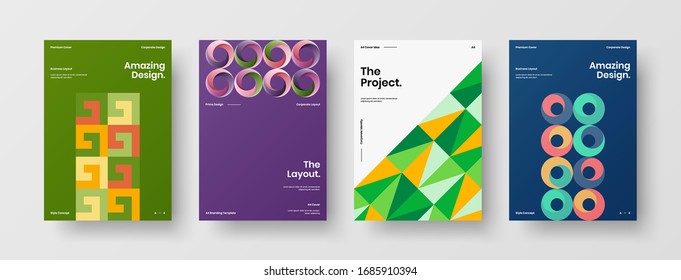 Business presentation vector A4 vertical orientation front page mock up set. Corporate report cover abstract geometric illustration design layout bundle. Company identity brochure template collection.