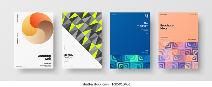 Diseño de presentación de negocio vectorial orientación vertical primera página maqueta conjunto. El informe corporativo cubre el paquete de diseño de ilustración geométrica abstracta. Colección de plantillas de folleto de identidad de la empresa.