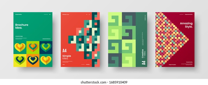 Business presentation vector A4 vertical orientation front page mock up set. Corporate report cover abstract geometric illustration design layout bundle. Company identity brochure template collection.