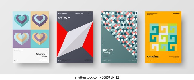 Business presentation vector A4 vertical orientation front page mock up set. Corporate report cover abstract geometric illustration design layout bundle. Company identity brochure template collection.