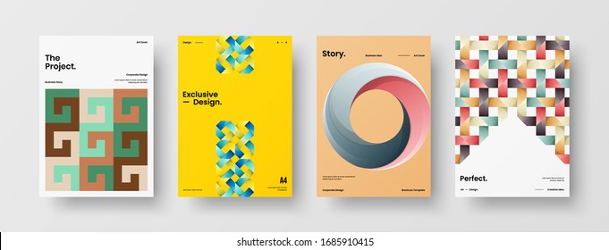 Business presentation vector A4 vertical orientation front page mock up set. Corporate report cover abstract geometric illustration design layout bundle. Company identity brochure template collection.