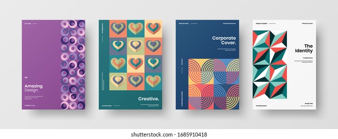 Business presentation vector A4 vertical orientation front page mock up set. Corporate report cover abstract geometric illustration design layout bundle. Company identity brochure template collection.