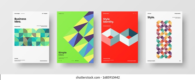 Vortragssatz der Vektorillustration A4 für vertikale Ausrichtung der Vorderseite. Corporate Report deckt abstraktes geometrisches Design-Layout-Paket für Illustrationen ab. Vorlage für Firmenidentitätsbroschüren