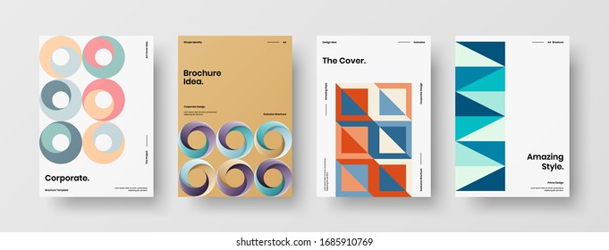 Business presentation vector A4 vertical orientation front page mock up set. Corporate report cover abstract geometric illustration design layout bundle. Company identity brochure template collection.