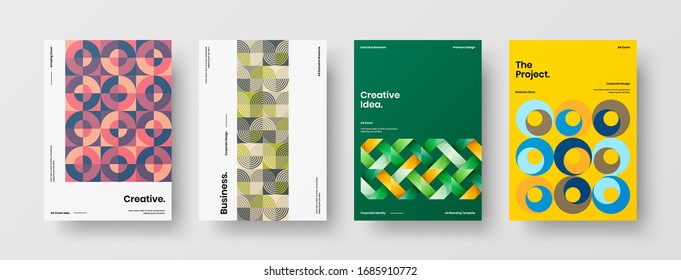Business presentation vector A4 vertical orientation front page mock up set. Corporate report cover abstract geometric illustration design layout bundle. Company identity brochure template collection.