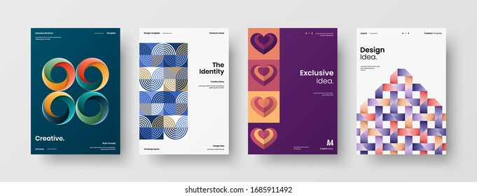 Business presentation vector A4 vertical orientation front page mock up set. Corporate report cover abstract geometric illustration design layout bundle. Company identity brochure template collection.