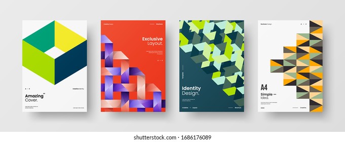 Business presentation vector A4 vertical orientation front page mock up set. Corporate report cover abstract geometric illustration design layout bundle. Company identity brochure template collection.