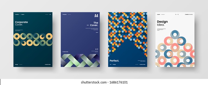 Business presentation vector A4 vertical orientation front page mock up set. Corporate report cover abstract geometric illustration design layout bundle. Company identity brochure template collection.