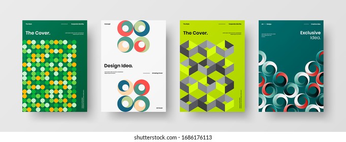 Business presentation vector A4 vertical orientation front page mock up set. Corporate report cover abstract geometric illustration design layout bundle. Company identity brochure template collection.
