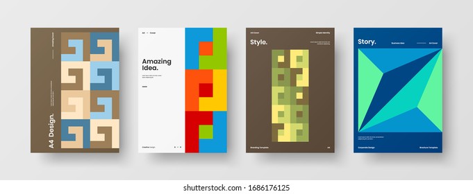 Business presentation vector A4 vertical orientation front page mock up set. Corporate report cover abstract geometric illustration design layout bundle. Company identity brochure template collection.