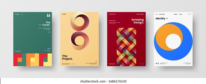 Diseño de presentación de negocio vectorial orientación vertical primera página maqueta conjunto. El informe corporativo cubre el paquete de diseño de ilustración geométrica abstracta. Colección de plantillas de folleto de identidad de la empresa.
