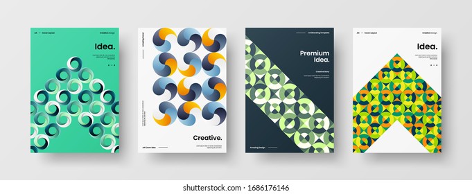 Business presentation vector A4 vertical orientation front page mock up set. Corporate report cover abstract geometric illustration design layout bundle. Company identity brochure template collection.