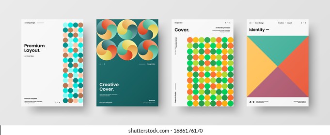 Business presentation vector A4 vertical orientation front page mock up set. Corporate report cover abstract geometric illustration design layout bundle. Company identity brochure template collection.