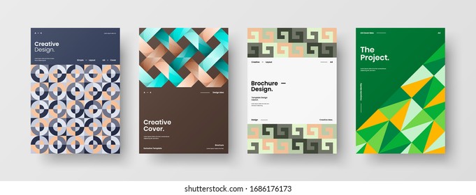 Business presentation vector A4 vertical orientation front page mock up set. Corporate report cover abstract geometric illustration design layout bundle. Company identity brochure template collection.