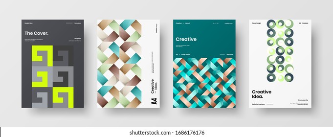 Business presentation vector A4 vertical orientation front page mock up set. Corporate report cover abstract geometric illustration design layout bundle. Company identity brochure template collection.