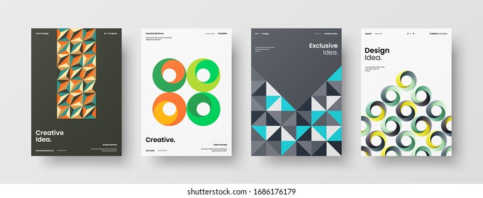 Business presentation vector A4 vertical orientation front page mock up set. Corporate report cover abstract geometric illustration design layout bundle. Company identity brochure template collection.