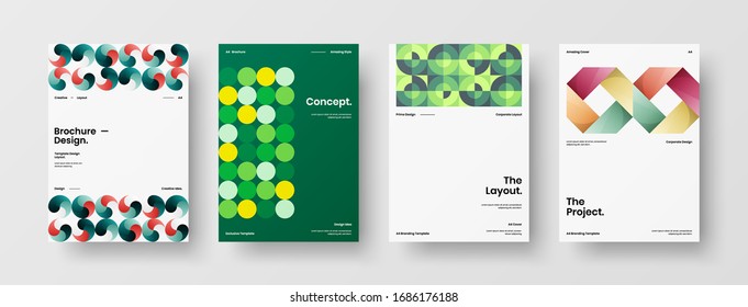 Business presentation vector A4 vertical orientation front page mock up set. Corporate report cover abstract geometric illustration design layout bundle. Company identity brochure template collection.