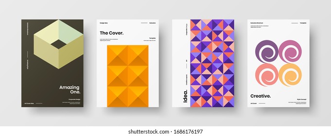 Business presentation vector A4 vertical orientation front page mock up set. Corporate report cover abstract geometric illustration design layout bundle. Company identity brochure template collection.