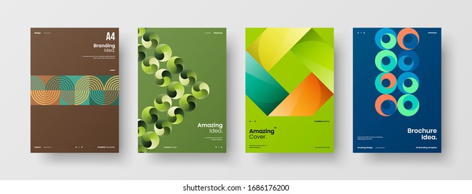 Business presentation vector A4 vertical orientation front page mock up set. Corporate report cover abstract geometric illustration design layout bundle. Company identity brochure template collection.