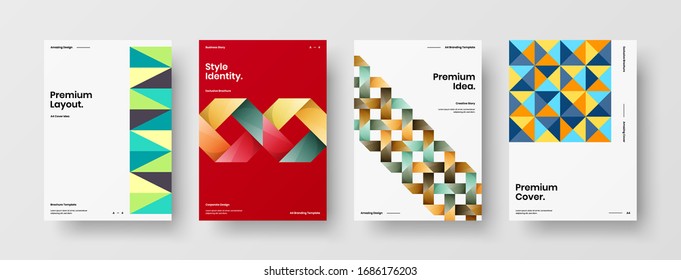 Vortragssatz der Vektorillustration A4 für vertikale Ausrichtung der Vorderseite. Corporate Report deckt abstraktes geometrisches Design-Layout-Paket für Illustrationen ab. Vorlage für Firmenidentitätsbroschüren
