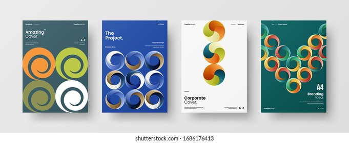 Diseño de presentación de negocio vectorial orientación vertical primera página maqueta conjunto. El informe corporativo cubre el paquete de diseño de ilustración geométrica abstracta. Colección de plantillas de folleto de identidad de la empresa.