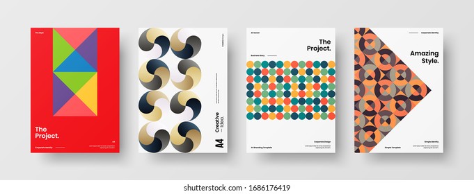 Diseño de presentación de negocio vectorial orientación vertical primera página maqueta conjunto. El informe corporativo cubre el paquete de diseño de ilustración geométrica abstracta. Colección de plantillas de folleto de identidad de la empresa.
