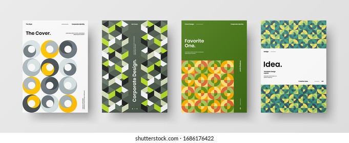 Business presentation vector A4 vertical orientation front page mock up set. Corporate report cover abstract geometric illustration design layout bundle. Company identity brochure template collection.