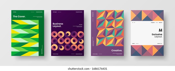 Diseño de presentación de negocio vectorial orientación vertical primera página maqueta conjunto. El informe corporativo cubre el paquete de diseño de ilustración geométrica abstracta. Colección de plantillas de folleto de identidad de la empresa.