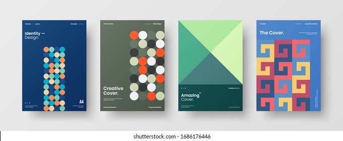 Business presentation vector A4 vertical orientation front page mock up set. Corporate report cover abstract geometric illustration design layout bundle. Company identity brochure template collection.