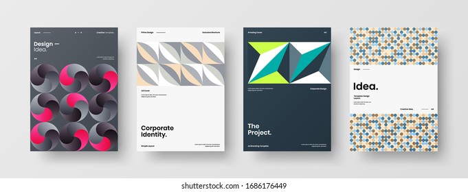 Business presentation vector A4 vertical orientation front page mock up set. Corporate report cover abstract geometric illustration design layout bundle. Company identity brochure template collection.