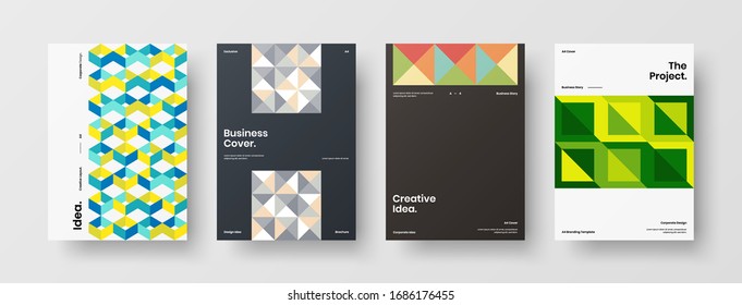 Business presentation vector A4 vertical orientation front page mock up set. Corporate report cover abstract geometric illustration design layout bundle. Company identity brochure template collection.