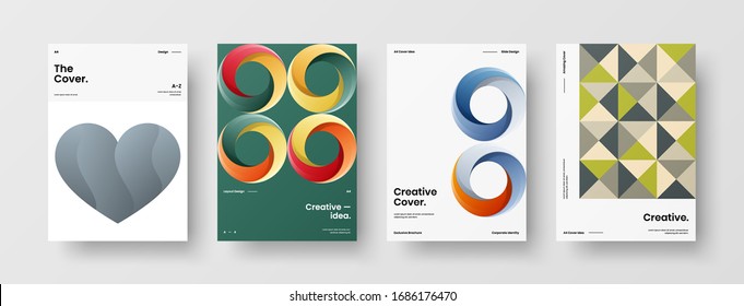 Business presentation vector A4 vertical orientation front page mock up set. Corporate report cover abstract geometric illustration design layout bundle. Company identity brochure template collection.