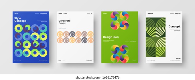 Business presentation vector A4 vertical orientation front page mock up set. Corporate report cover abstract geometric illustration design layout bundle. Company identity brochure template collection.
