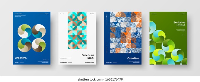 Business presentation vector A4 vertical orientation front page mock up set. Corporate report cover abstract geometric illustration design layout bundle. Company identity brochure template collection.